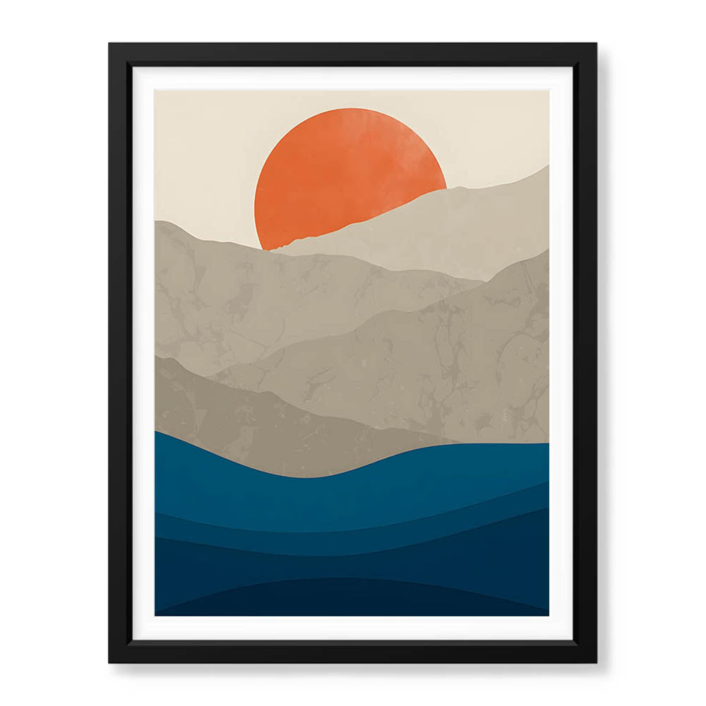 Grey & Blue Mountains With Sea Over Orange Sun | Abstract Office Artwork #0080 - Prime Décor