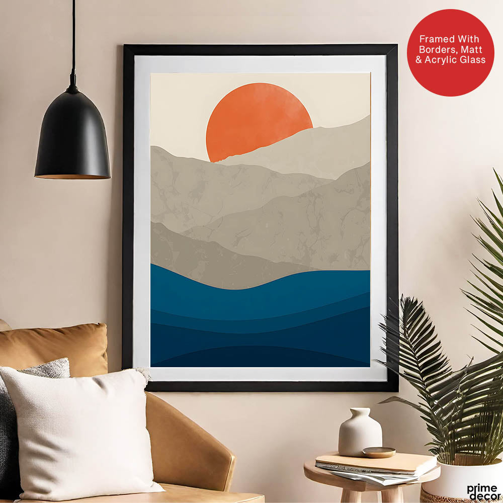 Grey & Blue Mountains With Sea Over Orange Sun | Abstract Office Artwork #0080 - Prime Décor