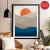 Grey & Blue Mountains With Sea Over Orange Sun | Abstract Office Artwork #0080