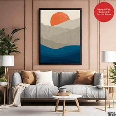 Grey & Blue Mountains With Sea Over Orange Sun | Abstract Office Artwork #0080 - Prime Décor