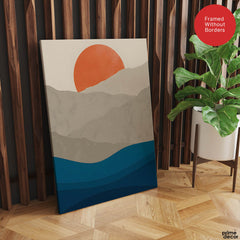 Grey & Blue Mountains With Sea Over Orange Sun | Abstract Office Artwork #0080 - Prime Décor