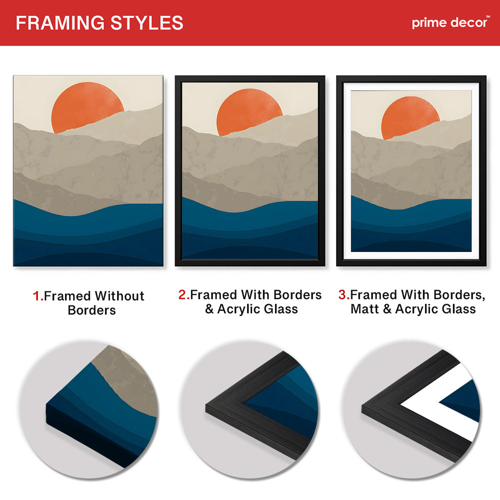 Grey & Blue Mountains With Sea Over Orange Sun | Abstract Office Artwork #0080 - Prime Décor