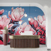 Faded Pink Flowers With Metallic Blue Background | Floral Wallpaper Mural