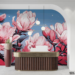 Faded Pink Flowers With Metallic Blue Background | Floral Wallpaper Mural - Prime Décor