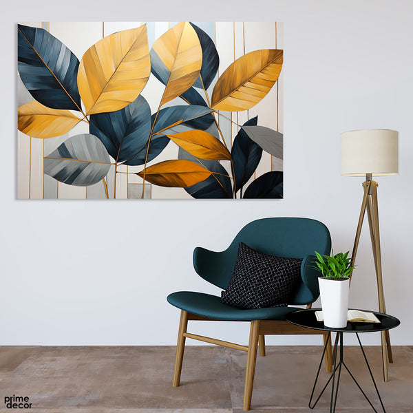 Abstract Green & Gold Exotic Leaves Over White Background (Single Panel) Floral Wall Art