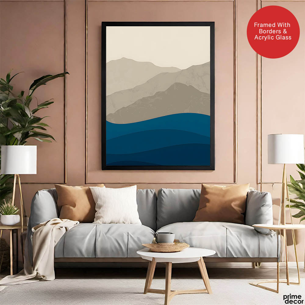 Grey & Blue Mountains With Sea Abstract Design | Abstract Office Artwork #0081 - Prime Décor