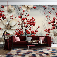Red Berries With Beige Flowers | Floral Wallpaper Mural - Prime Décor