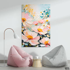 Abstract Beautiful Pink & White Flowers Over Colorful Background (Single Panel) Floral Wall Art