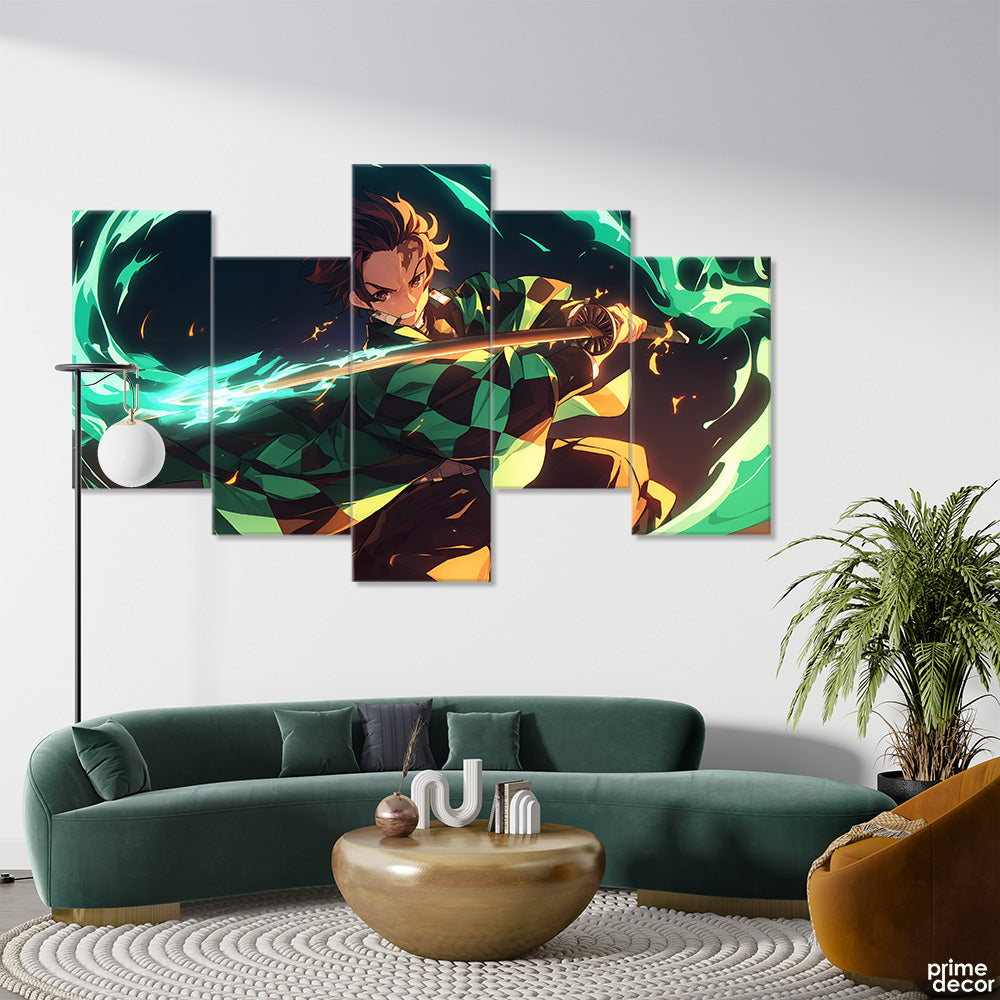 Tanjiro Kamado Green Sword Attack Demon Slayer (5 Panel) Anime Wall Art - Prime Décor