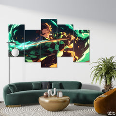 Tanjiro Kamado Green Sword Attack Demon Slayer (5 Panel) Anime Wall Art - Prime Décor