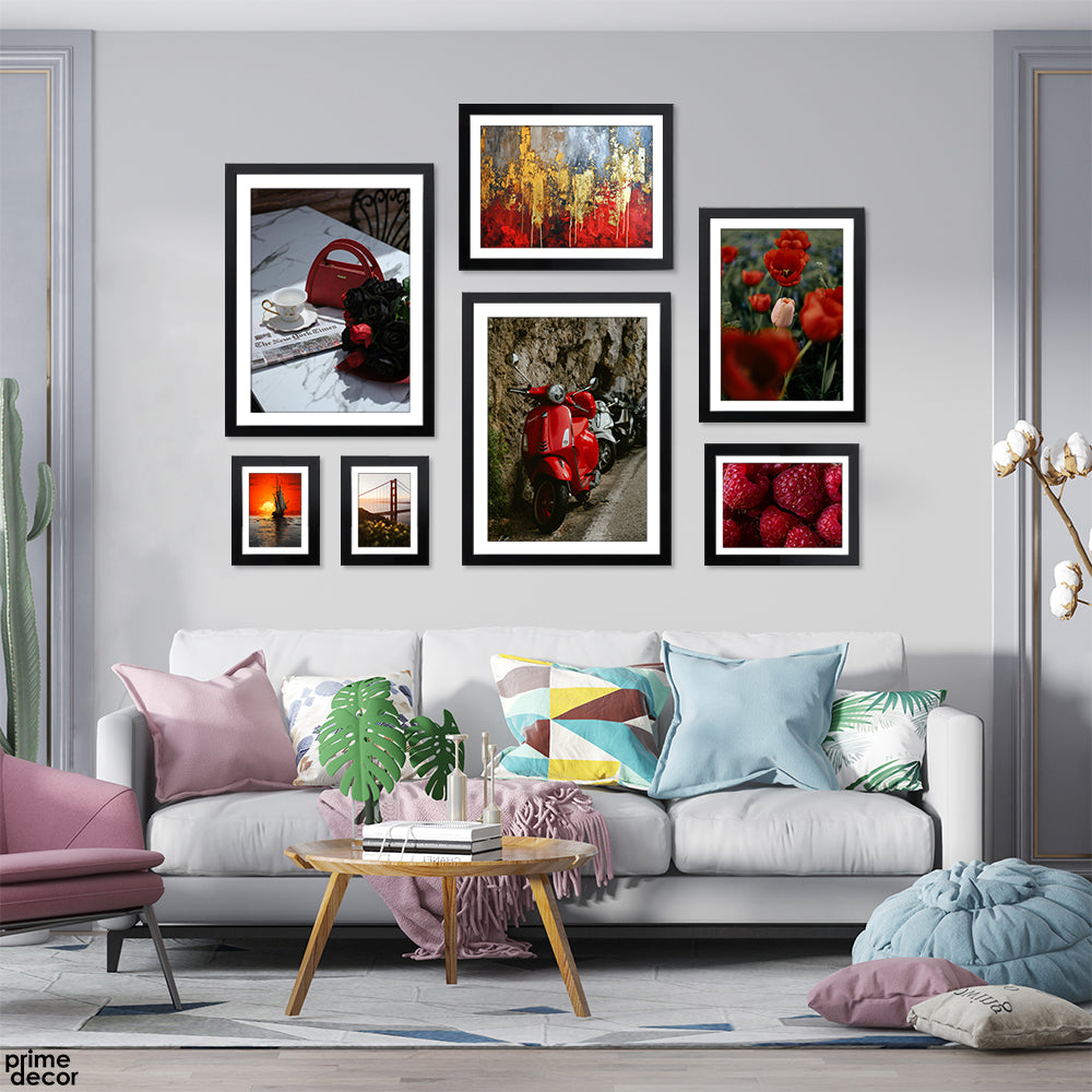 Crimson Red Vintage Style Scooter And Flowers (7 Panel) Vintage Wall Art - Prime Décor