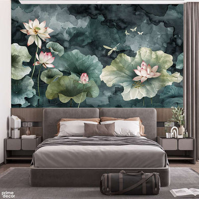 Beautiful Green & Pink Flowers Over Dark Green Background | Floral Wallpaper Mural