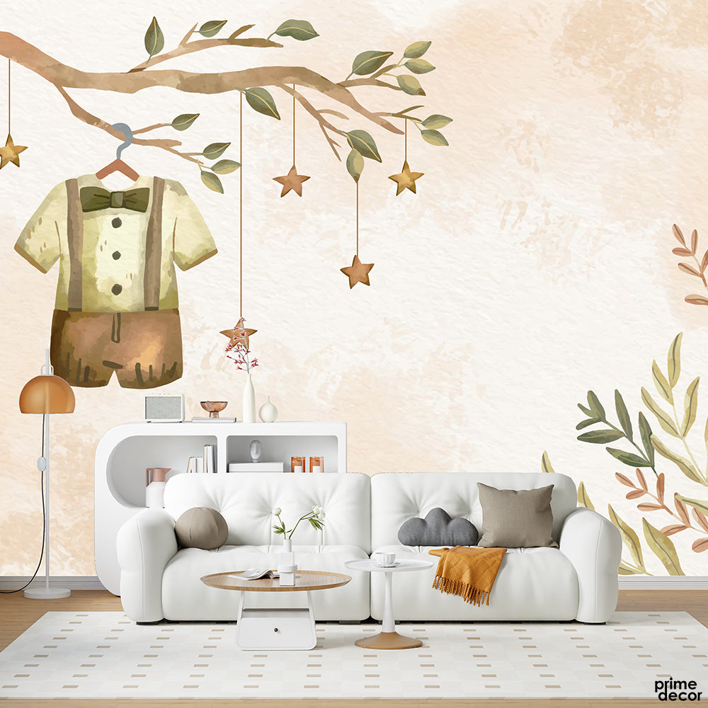 Watercolor Baby Dress On Leafy Branches | Nursery Wallpaper Mural - Prime Décor