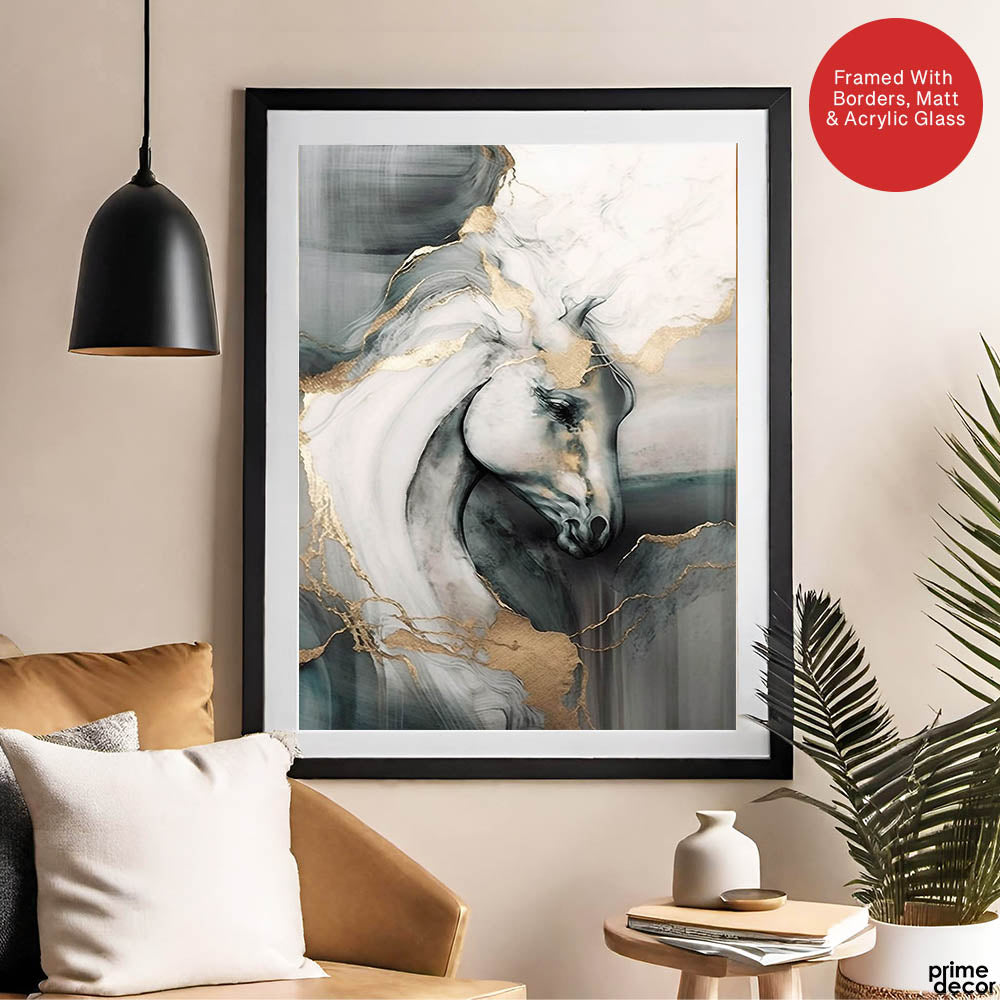 White Silver & Gold Beautiful Horse Art Design | Abstract Fashion Artwork #0082 - Prime Décor