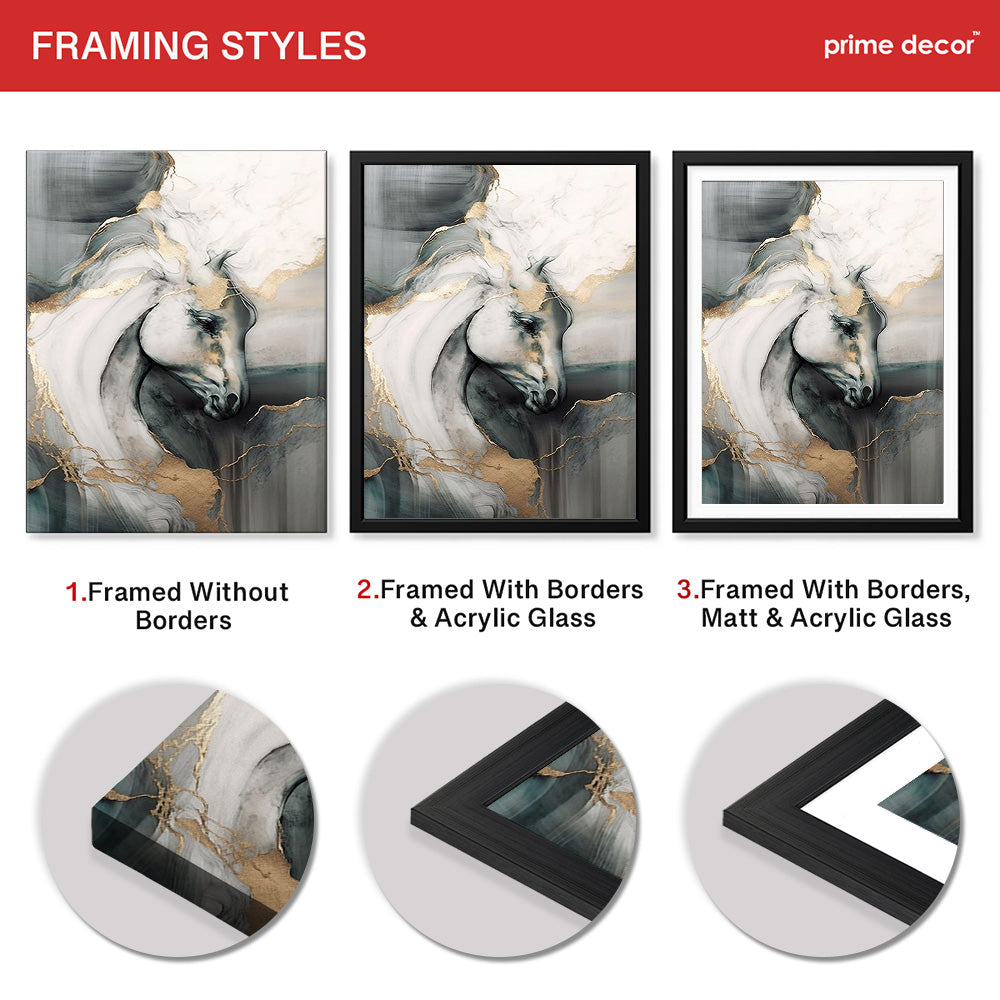 White Silver & Gold Beautiful Horse Art Design | Abstract Fashion Artwork #0082 - Prime Décor