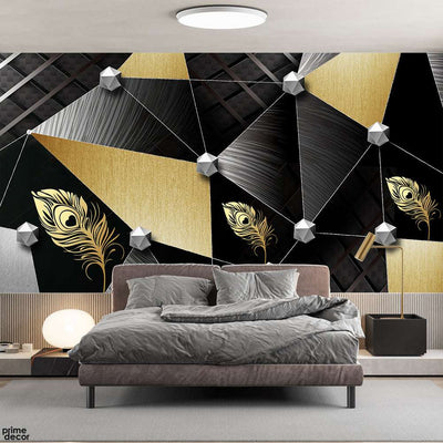 Abstract Black & Gold Geometric Artwork With Golden Feather | Abstract Wallpaper Mural