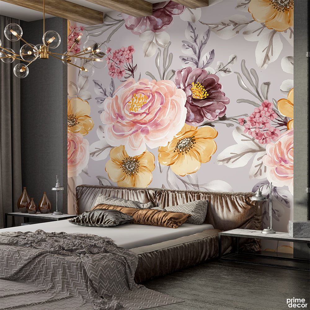 Oyster Pink & Purple Brown Roses With Pale Background | Floral Wallpaper Mural - Prime Décor