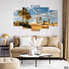 Beautiful White Mosque In Desert By Date Trees (5 Panel) Islamic Wall Art