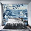 Chinese Boat Sailing Through Blue Flowery River | Nature Wallpaper Mural