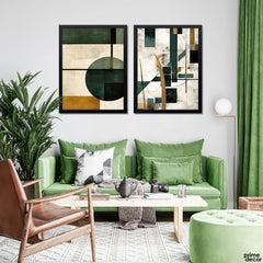 Slate Green & Mustard Abstract Acrylic Shapes (2 Panel) Abstract Wall Art