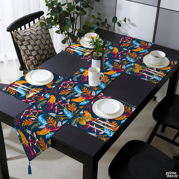 Orange & Carmine Parrots with Tropical Leaves on Navy Background | Table Runner and Placemat Set