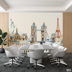 Global Tourist Attractions Watercolor Style | Travel Wallpaper Mural - Prime Décor