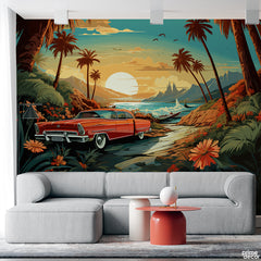 Classic Red Muscle Car At Sunset | Cars Wallpaper Mural - Prime Décor