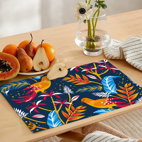 Orange & Carmine Parrots with Tropical Leaves on Navy Background | Table Runner and Placemat Set