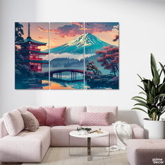 Japanese Red Pagoda With Mount Fuji In Background (3 Panel) Landscape Wall Art - Prime Décor