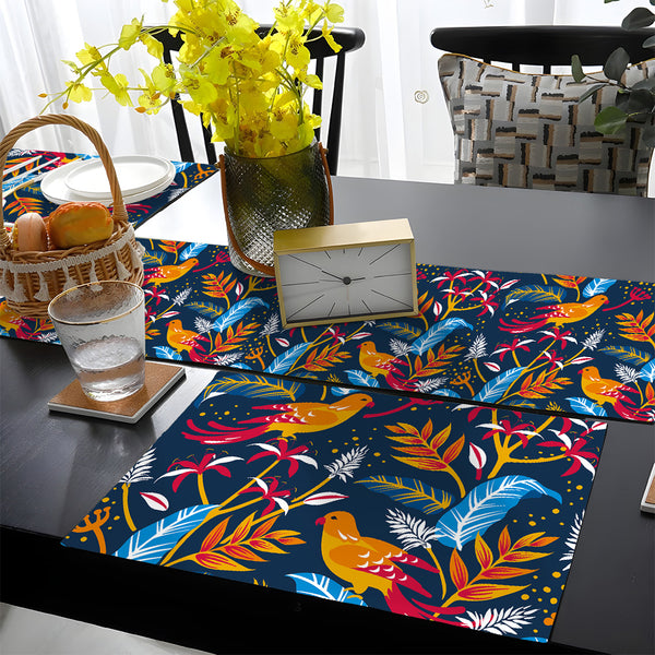 Orange & Carmine Parrots with Tropical Leaves on Navy Background | Table Runner and Placemat Set