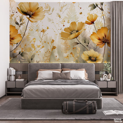 Sheen Gold Flowers Acrylic Paint Style On Beige Background | Floral Wallpaper Mural - Prime Décor