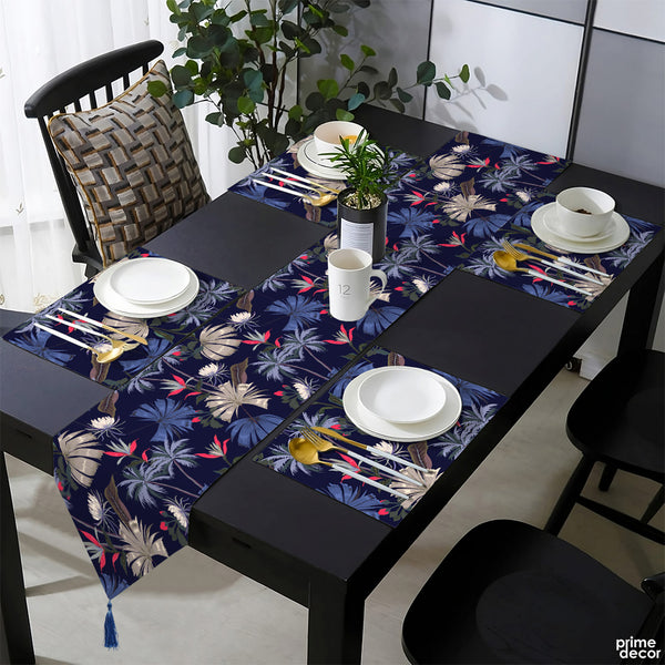 Denim Blue & Purple Palm Trees Pattern | Table Runner and Placemat Set