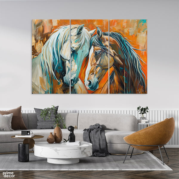 Beautiful White & Brown Horses Over Orange Background (3 Panel) Animal Wall Art