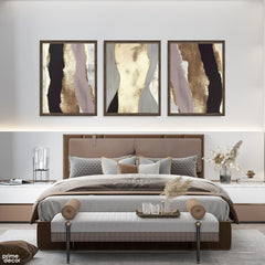 Gold, Mauve & Charcoal Textured Abstract Strokes (3 Panel) Modern Wall Art