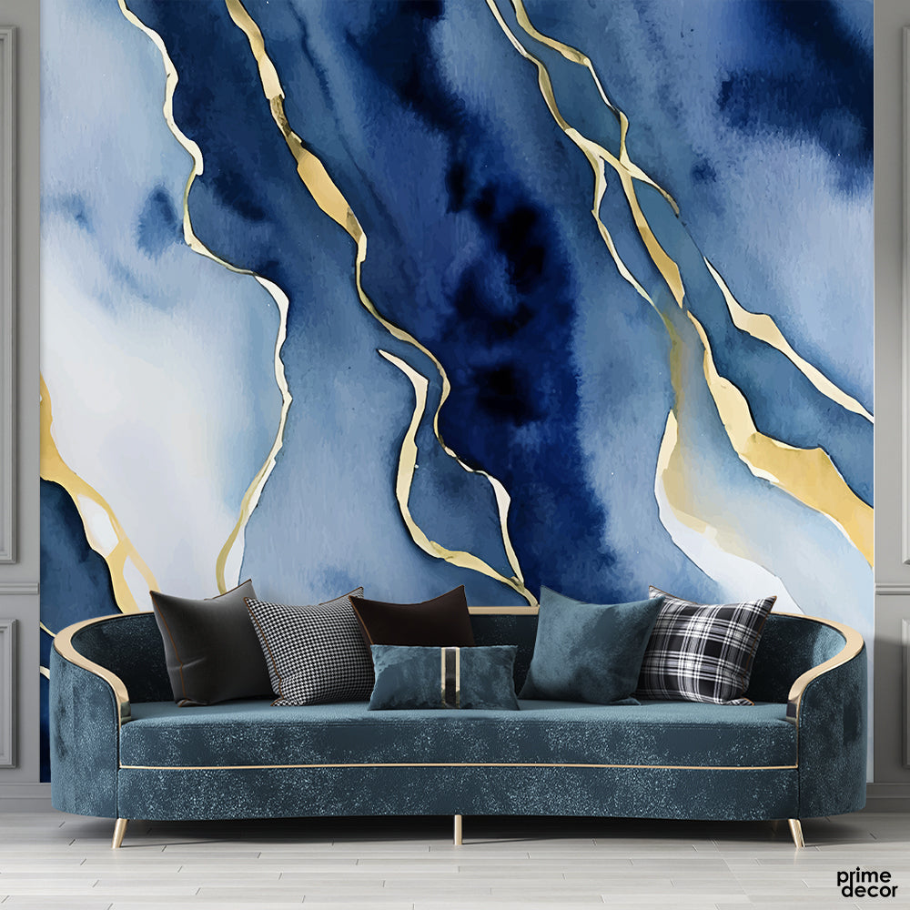 Abstract Gold & Blue Color Shades Design | Abstract Wallpaper Mural - Prime Décor