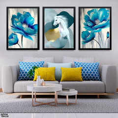 Abstract Blue & White Flowers With A Beautiful Horse (3 Panel) Nature Wall Art