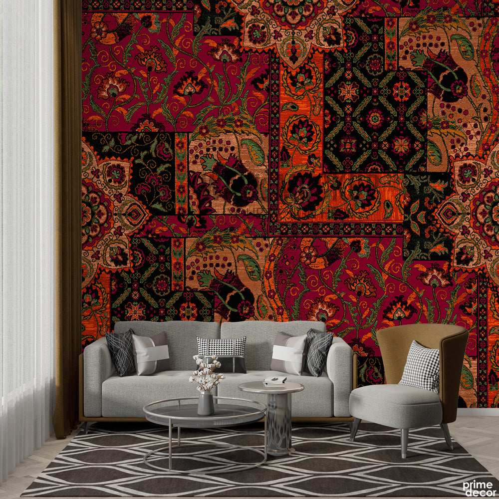 Beautiful Floral Artwork Over Dark Red Carpet Style Background  | Aesthetic Wallpaper Mural