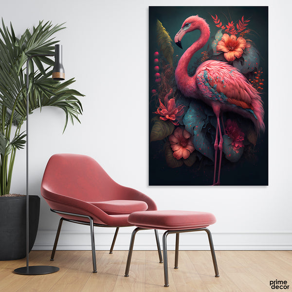 Abstract Colorful Artwork Of A Flamingo With Flowers (Single Panel) Nature Wall Art