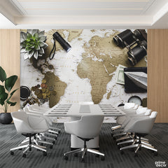 World Map With Binoculars & Coins | Office Wallpaper Mural - Prime Décor