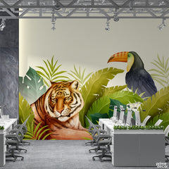 Tiger & Toucan In Exotic Tropical Leaves | Office Wallpaper Mural - Prime Décor