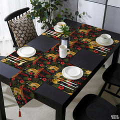 Tigers & Hibiscus Tropical Leaves Pattern | Table Runner and Placemat Set