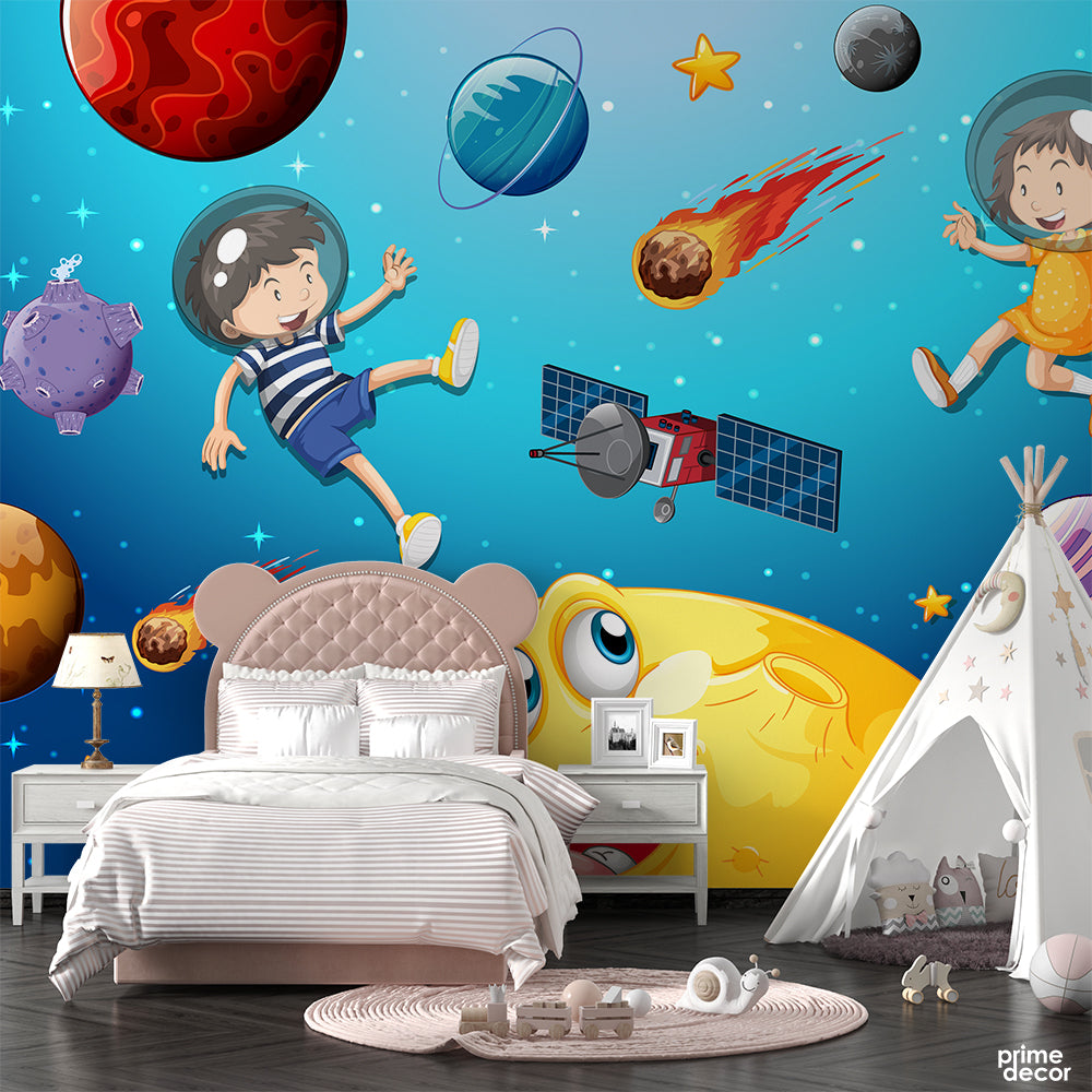 Moon with Happy Face Galaxy Theme | Kids Wallpaper Mural - Prime Décor