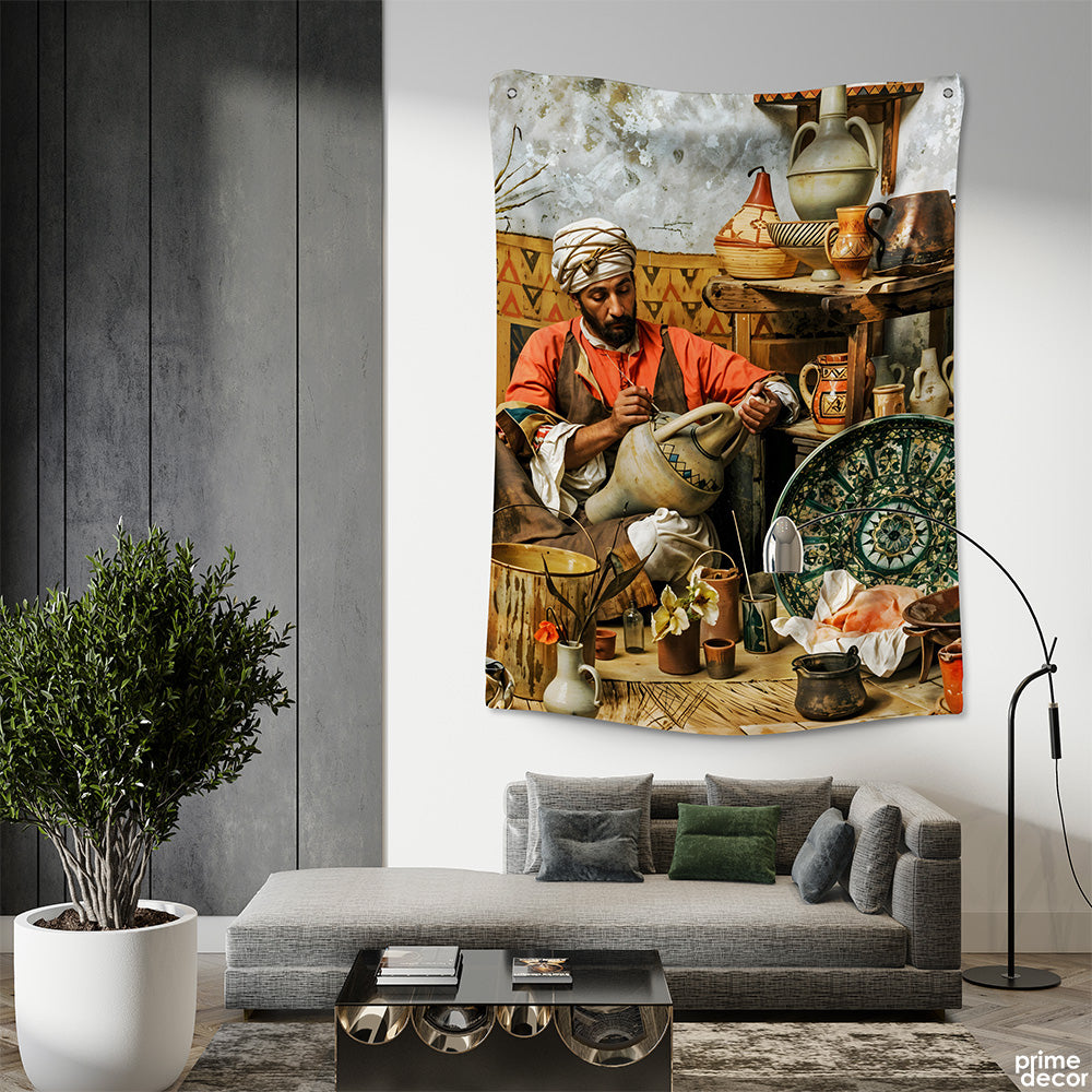 Egyptian Potter Painting The Clay Pots | Digital Painting Tapestry - Prime Décor