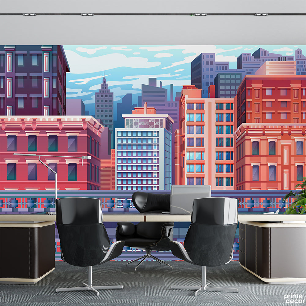 Purple & Carmine Buildings Illustration | Office Wallpaper Mural - Prime Décor