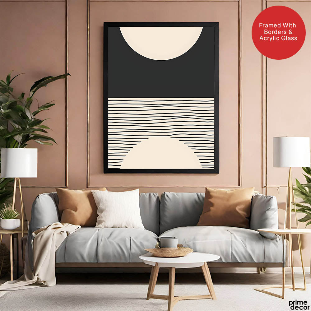 Black Line Art Over Black & Beige Background | Abstract Office Artwork #0094 - Prime Décor