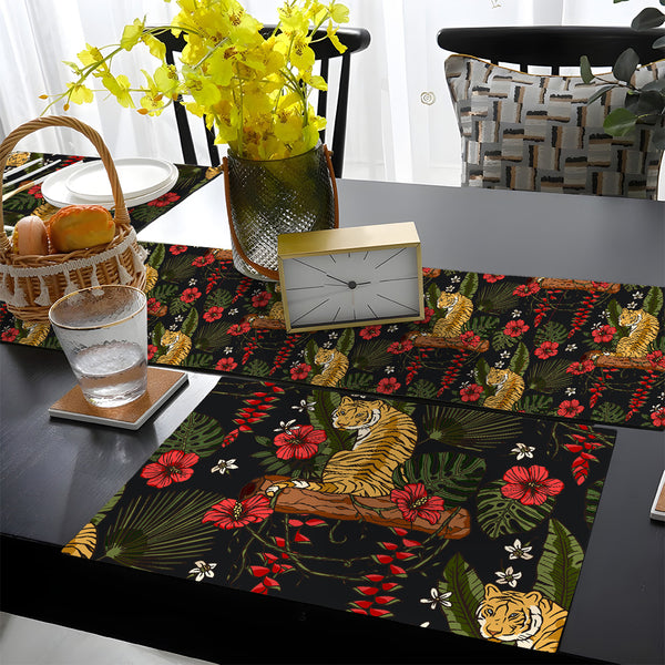 Tigers & Hibiscus Tropical Leaves Pattern | Table Runner and Placemat Set