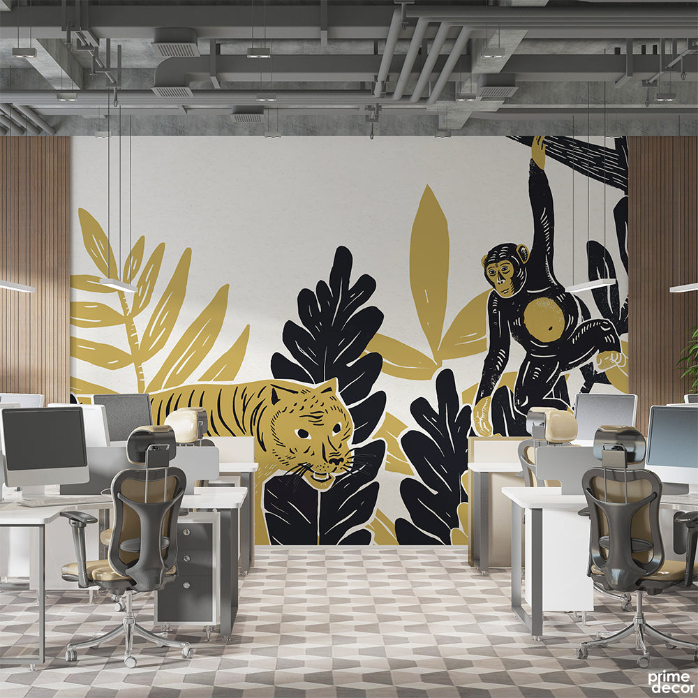 Exotic Tiger & Chimpanzee Handdrawn Style Illustration | Office Wallpaper Mural - Prime Décor