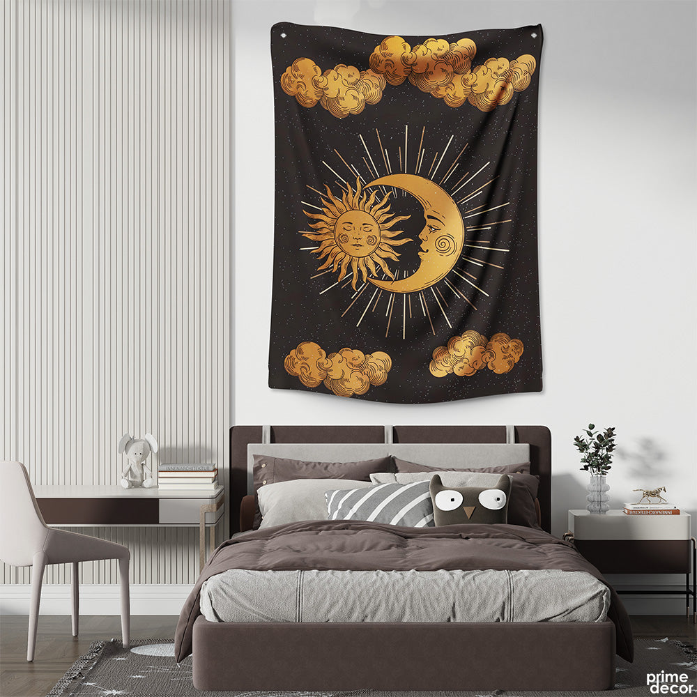 Golden Sun & Moon In Celestial Clouds | Space Tapestry - Prime Décor