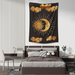 Golden Sun & Moon In Celestial Clouds | Space Tapestry - Prime Décor