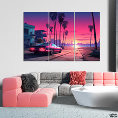 Retro 90's Style Vintage Car Near Beach (3 Panel) Cars Wall Art